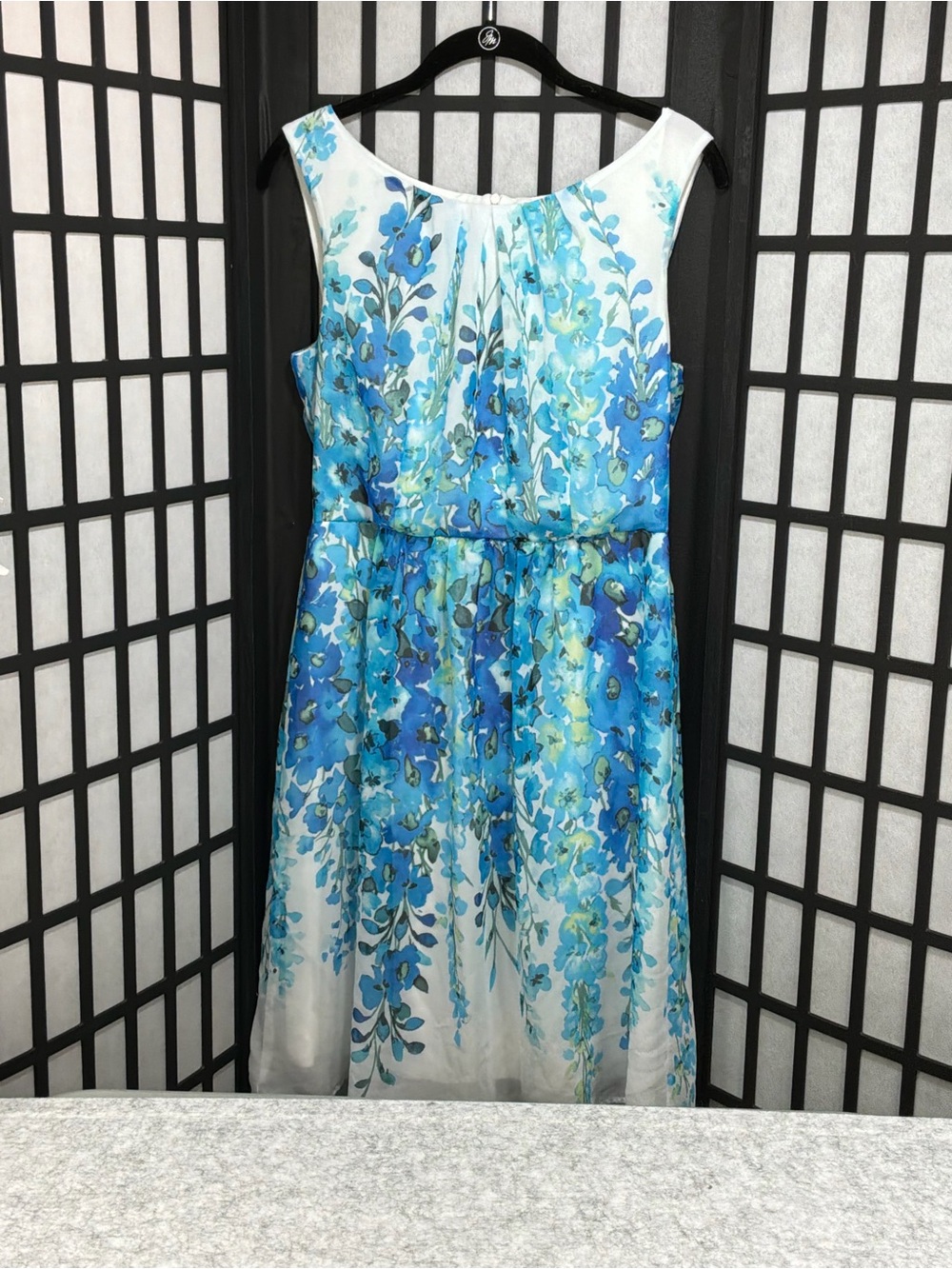 Dressbarn Sleeveless White Dress with Blue Floral Print Women’s 8 Spring Picnic